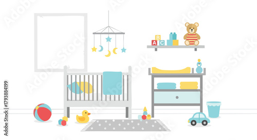 Delightful baby nursery illustration showcasing adorable decor for newborn kids with crib and changing table featuring soft pastel hues and