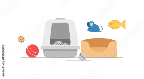 Collection of stylized pet accessories, including a cat litter box, bed, and playful toys, designed for feline enrichment and providing basic needs