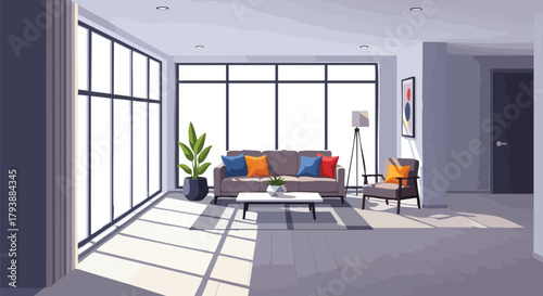 Contemporary Apartment Interior with Sunlight Streaming Through Large Windows, a Stylish Sofa, and Minimalist Decor Creating a Calm and Inviting