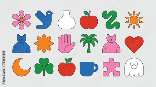 A vibrant collage of retro inspired icons, featuring a flower, bird, vase, apple, sun, moon, heart, and more, all rendered in bold colors