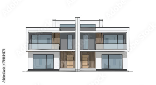 Architectural rendition showcases a modern duplex design with geometric forms, light-filled spaces and minimalist aesthetics