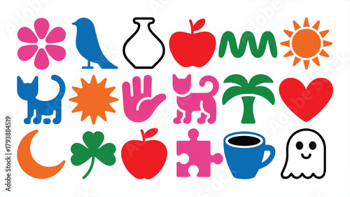 A playful assortment of colorful icons, including a flower, bird, vase, apple, sun, moon, heart, and more, set against a clean white backdrop