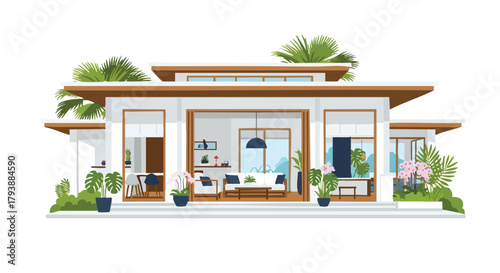 Architectural illustration of a modern tropical house with an open floor plan and minimalist design aesthetic