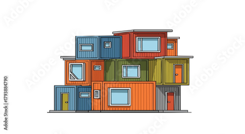 Colorful Shipping Container Home Illustration Demonstrating Unique Architectural Design and Space Efficiency Solutions in a Modern Style