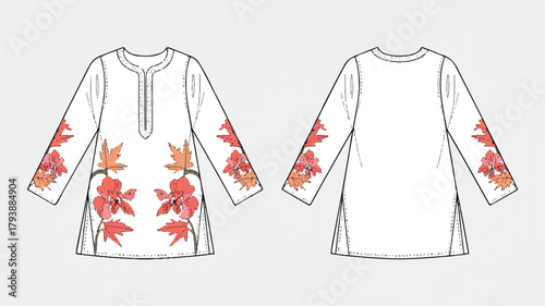Front and back view of a stylish tunic with floral embroidery on the sleeves and front, , showcasing a modern design