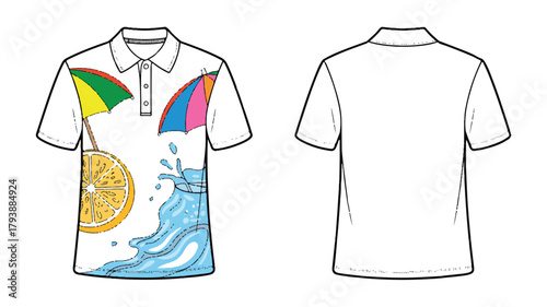 Front and back view of a polo shirt with a vibrant lemon and umbrella design, , perfect for a summer or beach theme