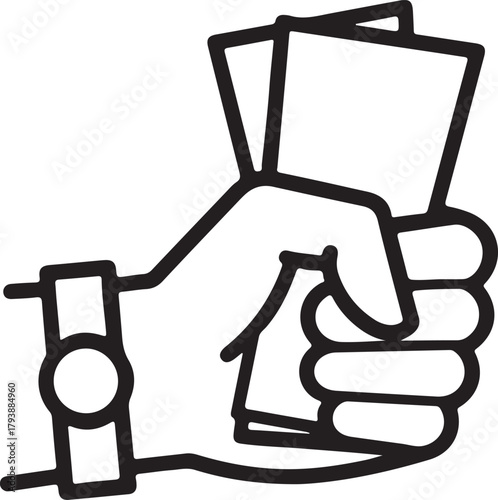 Hand holding cards icon vector with wristwatch detail, editable stroke design for payment, ticketing, decision-making, and minimalistic graphic applications.