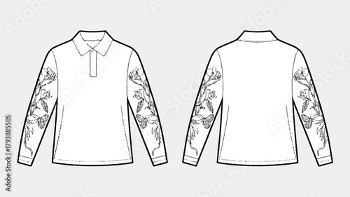 Front and back view of a white long sleeved polo shirt with floral embroidery, showcasing its design and style
