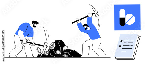 Two workers breaking rocks with hammer and pickaxe, symbolizing labor and determination. Ideal for teamwork, effort, productivity, perseverance, manual work, goal achievement, simple flat metaphor