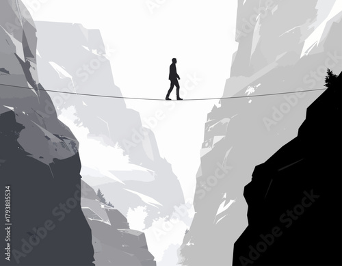 Person crossing a rickety bridge between mountains in a minimalist monochrome illustration