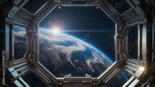 View of Earth from a futuristic spaceship window with a bright sun rising over the horizon.