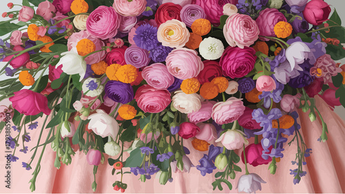 Fototapeta Naklejka Na Ścianę i Meble -  Vibrant bouquet of colorful peonies roses and wildflowers on a pink fabric background