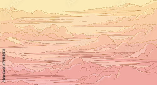 Serene sky illustration with numerous stylized pastel clouds in warm gradient hues of pink, orange, and yellow, creating a peaceful and dreamy abstract background design