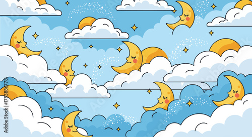 Whimsical Dreams Smiling Moons and Sparkling Stars Among Soft Clouds