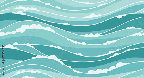 Abstract illustration of stylized turquoise ocean waves with white foam, creating a seamless pattern ideal for nautical or summer themes