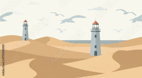 A peaceful vector illustration featuring two lighthouses on vast sand dunes, overlooking the tranquil ocean with seagulls flying under a soft sky, symbolizing coastal guidance and natural serenity