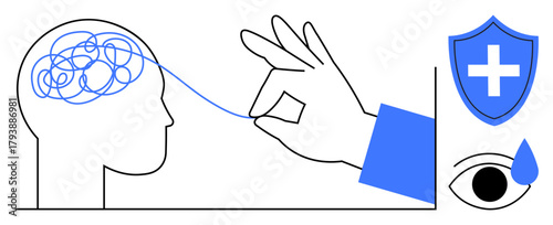 Head with tangled brain simplified by hand, shield with cross symbolizing mental well-being, eye with teardrop. Ideal for mental health, clarity, support, wellness, therapy, medicine and healing