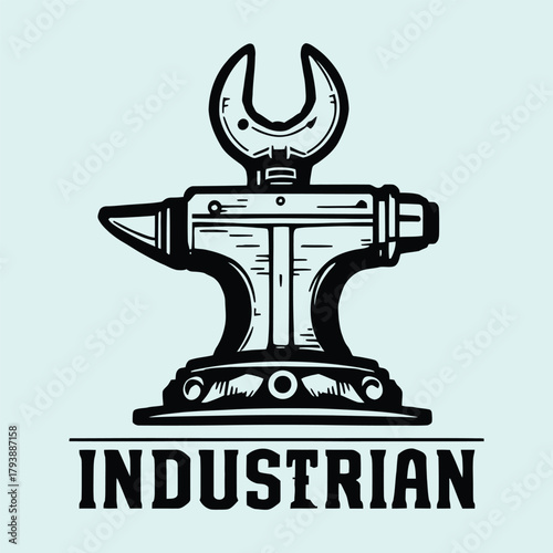 Industrial anvil and wrench emblem with bold “INDUSTRIAN” text black line art on blue background for mechanical branding themes