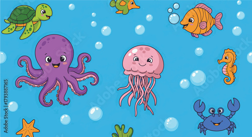 Adorable underwater world seamless pattern featuring cheerful cartoon sea creatures like octopus, jellyfish, turtle, and fish, perfect for vibrant kids' designs and backgrounds
