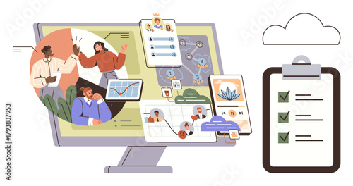Computer screen displaying charts, graphs, team collaboration, project tracking with cloud-based tools, and task checklist. Ideal for teamwork, organization, analytics, remote work cloud solutions