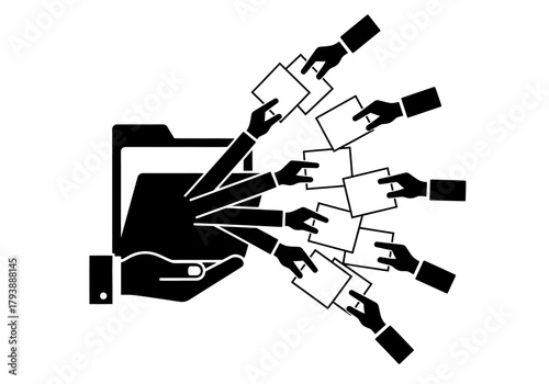 Vector illustration of a hand holding a folder, teamwork and sharing concept, clipart style vector