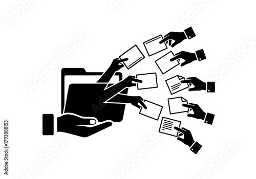 Vector illustration of a hand holding a folder, teamwork and sharing concept, clipart style vector
