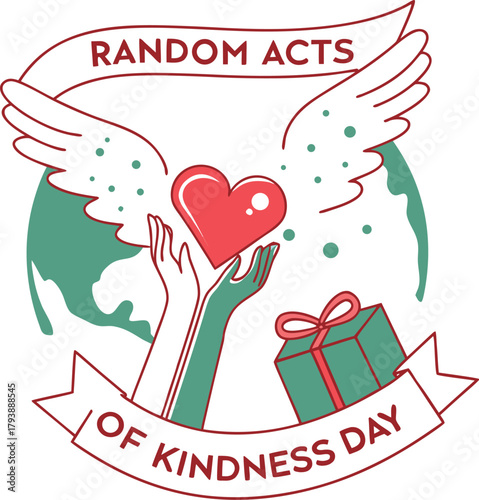 Random Acts of Kindness Day Illustration Heart, Hands, and Earth Symbolizing Giving and Care.
