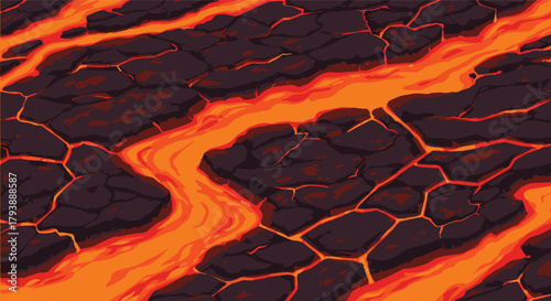 Fiery Molten Lava Flowing Over Jagged Volcanic Rock Landscape With Heat And Danger