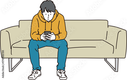 ソファで待つ男性が暇つぶしで携帯を見ているイラスト素材