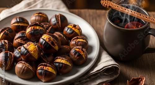 Warm roasted chestnuts served on a plate with a steaming mug