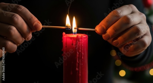 Hands lighting a tall red candle with a match in a dark setting