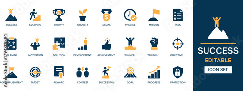 Success icon set collection. Evolving, trophy, growth, medal, precise, mission, task, planning, motivation, solution, winner and best solid icon set.
