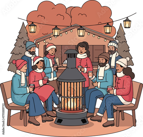 People Gather Around Fire Pit in Winter Setting on New Year's Eve