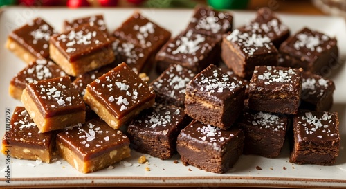 Deliciously rich chocolate fudge and caramel squares dessert platter