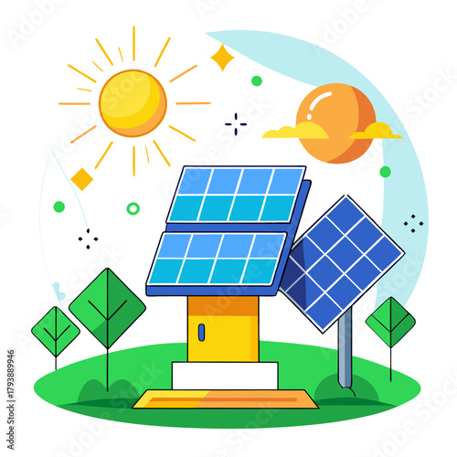 Two solar panels, one large and one small, stand in a grassy area with stylized trees and a bright sun, symbolizing clean energy