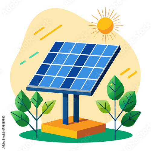 A solar panel on a stand in a grassy area with trees and a sunny sky, illustrating sustainable energy production and environmental care