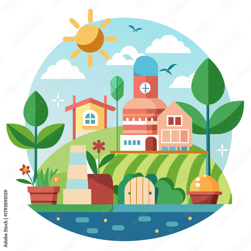 Naklejka premium Charming flat illustration of a vibrant farm scene with a central building, lush greenery, and a bright sun in a circular frame, evoking a sense of rural life and nature