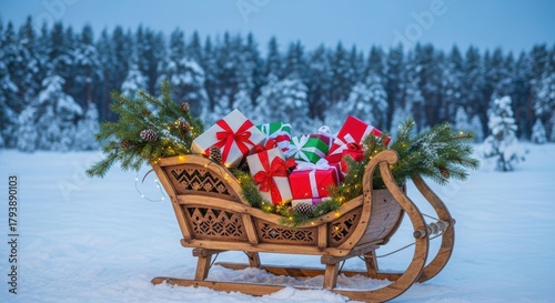 Wooden sleigh filled with wrapped presents in snowy forest landscape