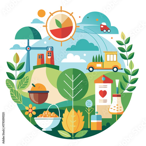 Organic farming and sustainable living concept with a truck, farm produce, and renewable energy elements in a circular illustration