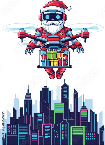Futuristic Santa Robot Drone Delivering Christmas Gifts Over City Skyline.