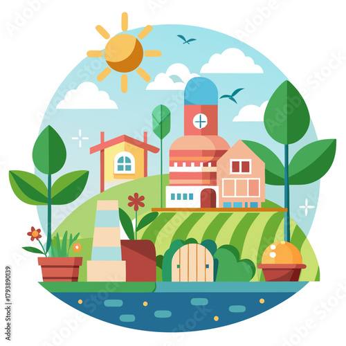Charming flat illustration of a vibrant farm scene with a central building, lush greenery, and a bright sun in a circular frame, evoking a sense of rural life and nature