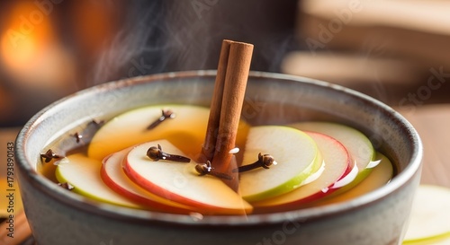 Warm spiced apple cider with cinnamon stick and cloves in a pot