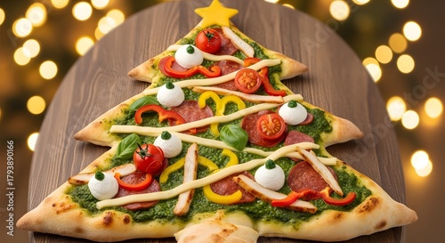 Festive christmas tree shaped pizza decorated with holiday toppings