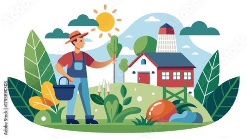 A farmer with a bucket tends to his garden, with a red barn and white lighthouse in the background under a bright sun
