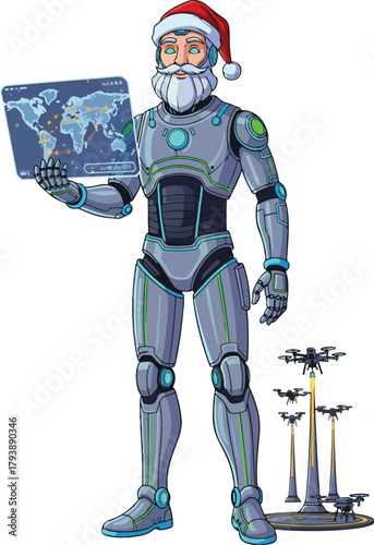Futuristic Santa Robot Holding a Digital Map with Drones Delivering Gifts.