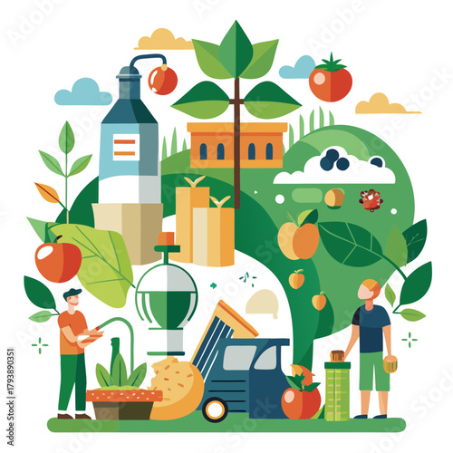 Sustainable agriculture and organic farming concept with people tending to plants, harvesting fruits, and using ecofriendly technology for a healthy planet