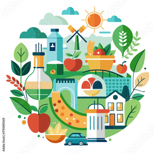 Circular illustration of healthy food, sustainable farming, and ecofriendly transportation, symbolizing a green lifestyle and a healthy planet