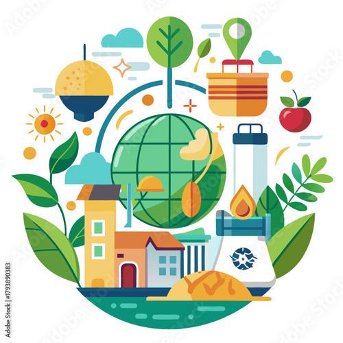 Circular illustration depicting global sustainability, renewable energy sources, and ecoconscious living, promoting environmental protection