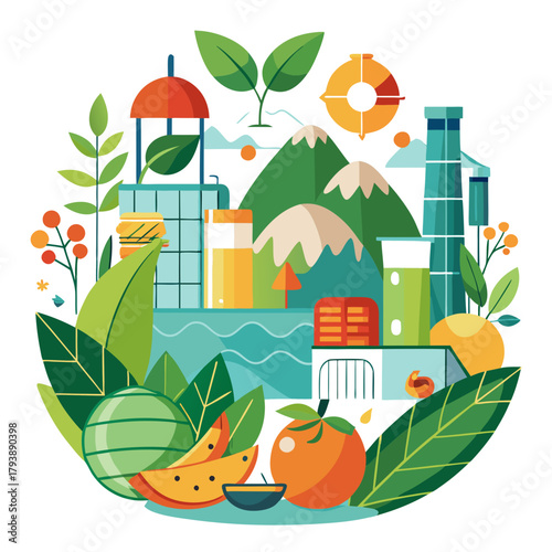 Ecofriendly cityscape illustration featuring sustainable energy sources, green spaces, and fresh produce, representing a green future