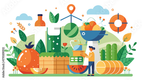 Healthy lifestyle concept with fresh fruits, vegetables, and green juice, alongside elements of sustainable living like renewable energy and ecofriendly practices